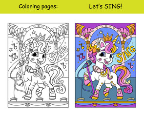 Singing unicorn with lettering coloring and template vector