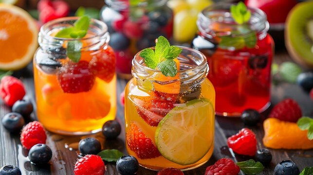 Delicious dessert with fruits and jelly in a glass jar on the table
