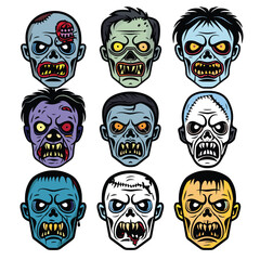 Collection nine zombie heads featuring various expressions. Cartoony zombies display anger, hunger, scars, open mouths. Vibrant colors used depict undead facial features, eyes, decay