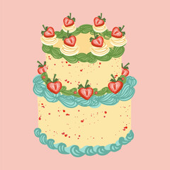 Strawberry vintage cake. Yellow green color cream decoration. Sweet tasty retro trendy style food. Hand drawn isolated vector illustration. Party, birthday, wedding, anniversary celebration design