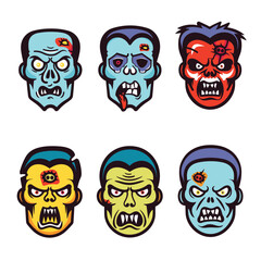 Six cartoon zombie heads displaying different expressions. Zombie faces colorful, including blue red skin tones, various grimaces, wounds. Illustration suitable Halloween themes, monster designs