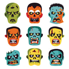 Collection cartoon zombie faces various expressions angry scary spooky Halloween characters. Bright colorful undead heads green blue orange skin tones fangs stitches scars. Zombie avatars digital