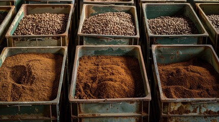 Flawless lines of bins filled with coffee beans and ground coffee