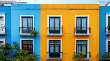 Obraz premium External facade of a row of colorful modern urban townhouses created with Generative AI technology