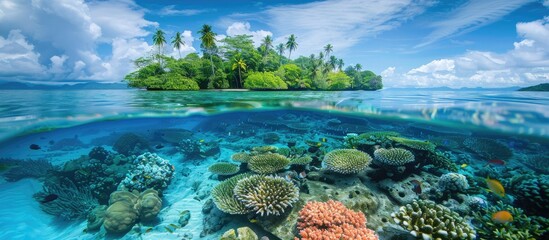Naklejka premium Tropical Island and Coral Reef: A Split View Beneath the Waterline
