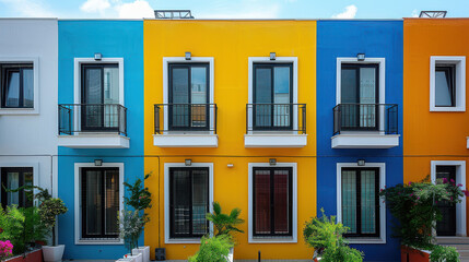 Fototapeta premium External facade of a row of colorful modern urban townhouses created with Generative AI technology