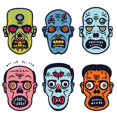 Six cartoon zombie faces expressing various scary emotions. Colorful undead heads exaggerated features, perfect Halloween themes. Bright bold color palette, horror inspired, suitable spooky graphic