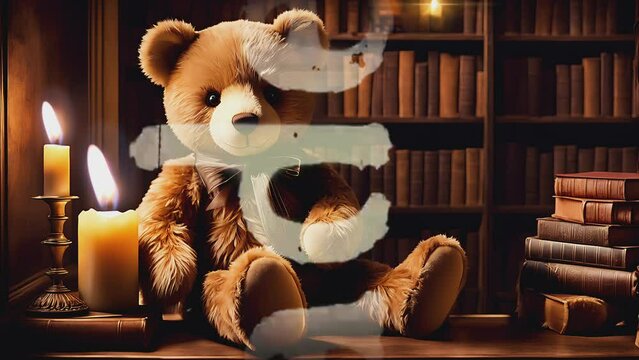Teddy bear sitting in a cozy library with candlelight and old books, creating a warm and nostalgic atmosphere. Childhood memories concept
