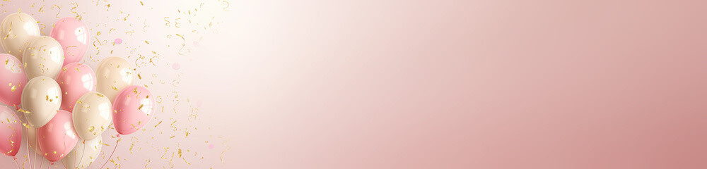 Holiday banner with pastel pink balloons and gold candies on a pink background with large text. holiday, birthday concept.