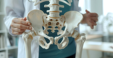 A doctor is holding a model of a human pelvis