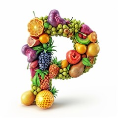 Typography of the letter P crafted from fresh fruit. Fruits and vegetables. Easy to remove background. Creative and healthy concept.