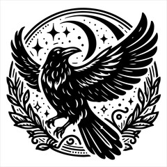Crow black outline illustration.
