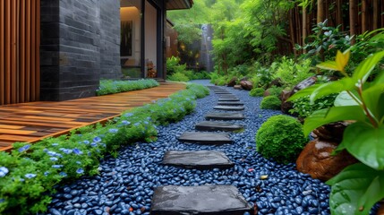 A walkway with a stone path and a small waterfall