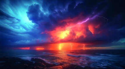 A stormy sky with a bright orange and red lightning bolt