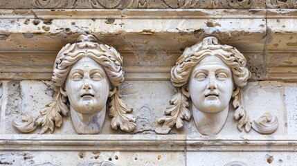 Two masks are on the lower half of the middle frieze against a white backdrop