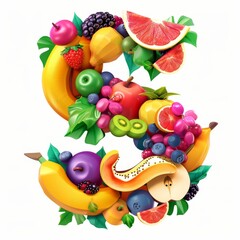 Typography of the letter S crafted from fresh fruit. Fruits and vegetables. Easy to remove background. Creative and healthy concept.