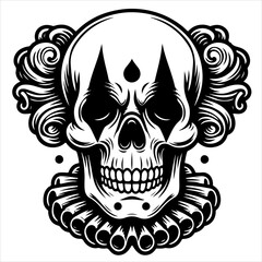 Obraz premium Clown skull black outline creepy illustration.