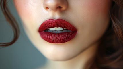 Fototapeta premium wide macro closeup photo of beautiful woman face with red color lipstick applied lips 