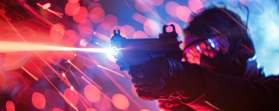 Person aiming laser gun, dramatic lighting, neon colors, exciting action-packed laser tag experience.