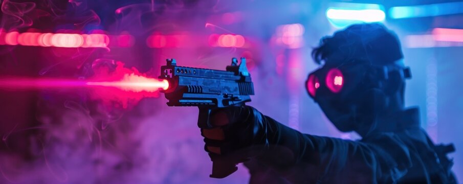 Person aiming laser gun, dramatic lighting, neon colors, exciting action-packed laser tag experience.