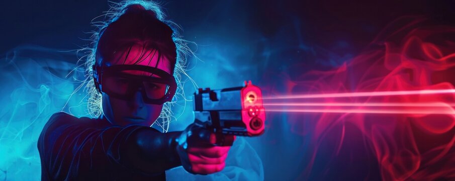 Person aiming laser gun, dramatic lighting, neon colors, exciting action-packed laser tag experience.