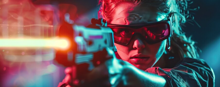 Person aiming laser gun, dramatic lighting, neon colors, exciting action-packed laser tag experience.