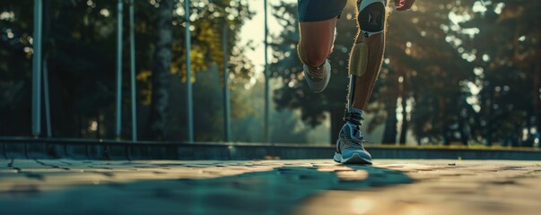 Athlete with prosthetic leg running in park, determination and strength, inspiring sports and fitness.