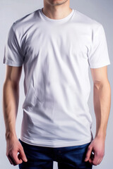 A close-up portrait of a person wearing a white t-shirt.