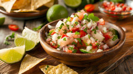 Fast food ceviche served with a side of tortilla chips, presented on a rustic wooden board