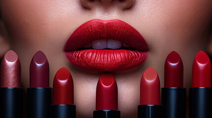 Obraz premium lipstick advertising banner, wide macro closeup photo of beautiful woman face with red color lipstick applied lips and different color lipsticks 