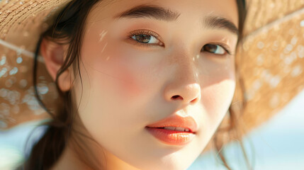 Portrait of a beautiful young Asian woman wearing a wide-brimmed straw hat to protect her face from ultraviolet rays in the sun. Sunscreens for the face.