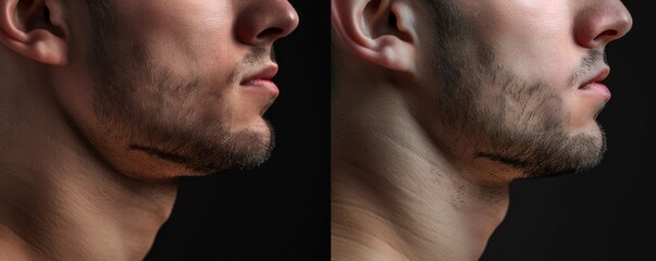 Fototapeta premium Close-up comparison of male jawline, before and after cosmetic surgery, highlighting transformation and enhancement.