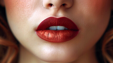 Obraz premium wide macro closeup photo of beautiful woman face with red color lipstick applied lips