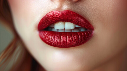 Fototapeta premium wide macro closeup photo of beautiful woman face with red color lipstick applied lips