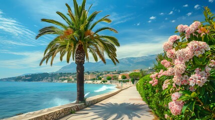 Beautiful widescreen image of a seaside promenade and the beach in a Mediterranean resort town with palm tree, green shrub and oleander in bloom against a blue sky.