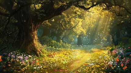 Enchanted Forest with Blossoming Path Imaginary Setting with Tree Trunk Meadow of Flowers and Sunlight Peeking through Foliage