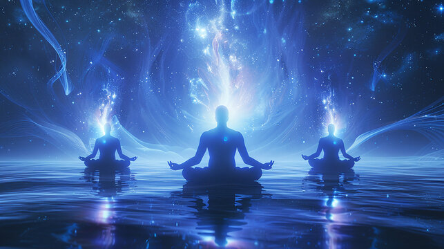 group of ethereal light beings meditating, higher dimensional light, celestial, energetic, cellular healing