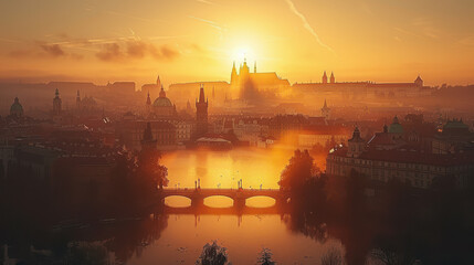 Naklejka premium Prague, Czech Republic city skyline, golden hour, photorealistic --ar 16:9 --style raw --stylize 750 Job ID: cbee17ed-479d-4133-b4bb-6b6fd0325563