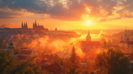 Naklejka premium Prague, Czech Republic city skyline, golden hour, photorealistic --ar 16:9 --style raw --stylize 750 Job ID: f2544099-1a59-4316-8230-3f0f971c5e0a