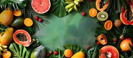 Tropical fruit medley on green foliage with empty space for text
