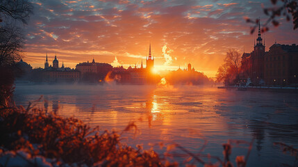 Naklejka premium Stockholm, Sweden europe city in golden hour created with Generative AI technology