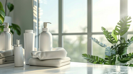 Fototapeta premium Beautiful beige counter of a bathroom with sun light reflection and bath products