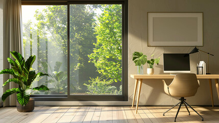 Beautiful office with a large window to work from home. Work from home concept photo