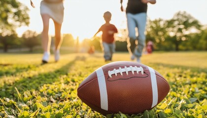 Family playing American football together, ball in the foreground, people running in background outside.