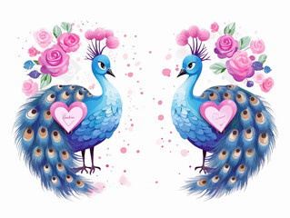 Fototapeta premium A pair of romantic peacock birds on a branch. love concept on watercolor style set element