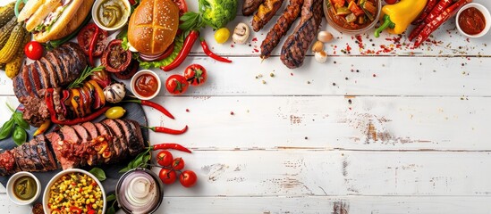 Exciting Summer BBQ or Picnic Food Display on a White Wood Background with Copy Space