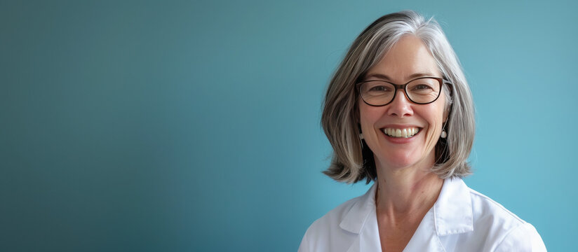 middle aged grey haired woman with glasses and copyspace on a blue background