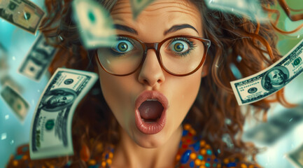 A woman with a surprised expression on her face is surrounded by a large amount of money