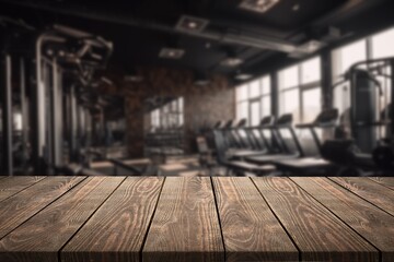 Empty wooden table top on Exercise room background