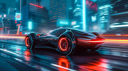 Obraz premium modern futuristic concept design, super car illustration 3D drive on a highway with neon light effects in an urban environment